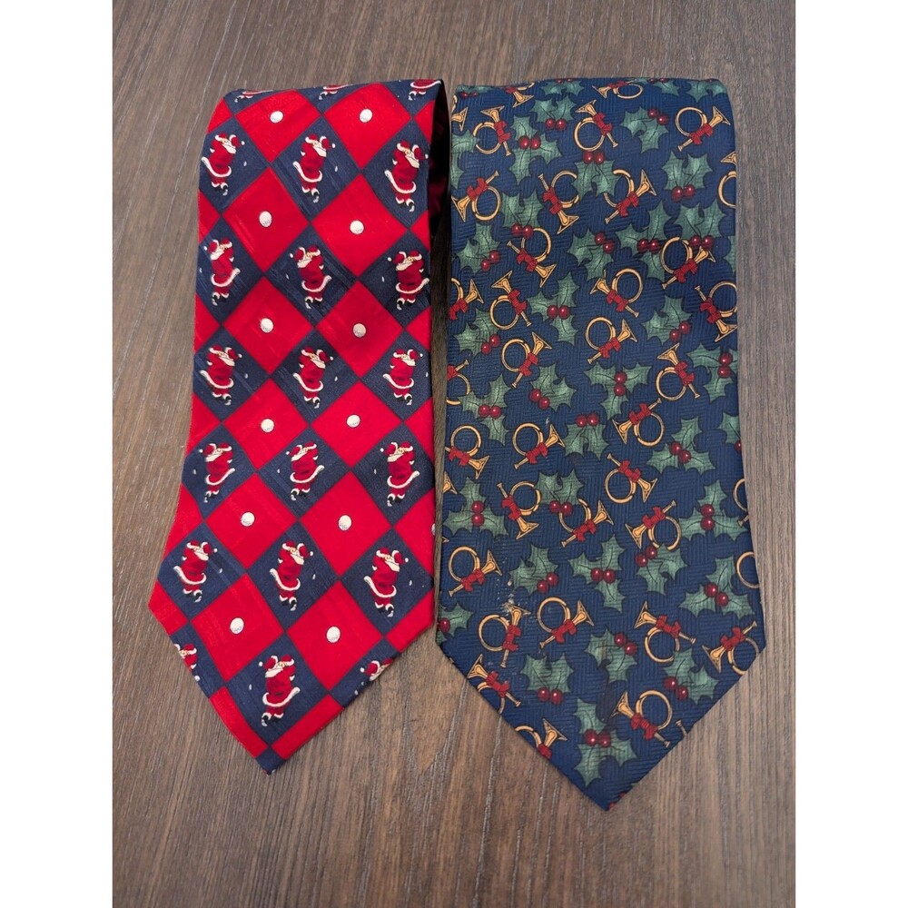 VTG Christmas Neck Tie Santa Golf French Horn Holly Holiday Nostalgia LOT OF 2